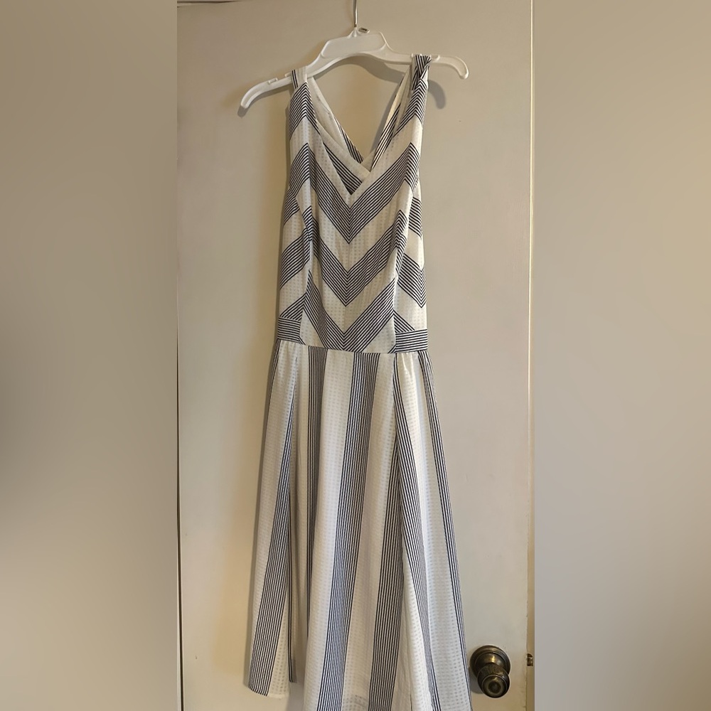 Striped V-Neck Sleeveless Dress - White and Blue